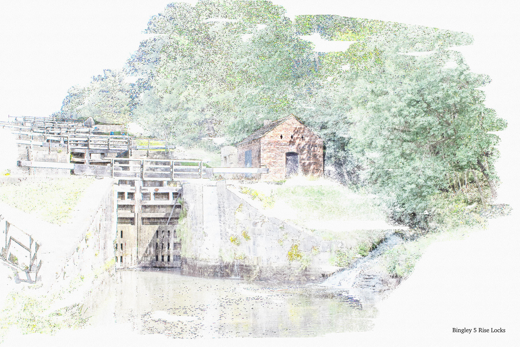 Pale painterly view across the water and lock gates towards a small brick building at Bingley Five Rise Locks