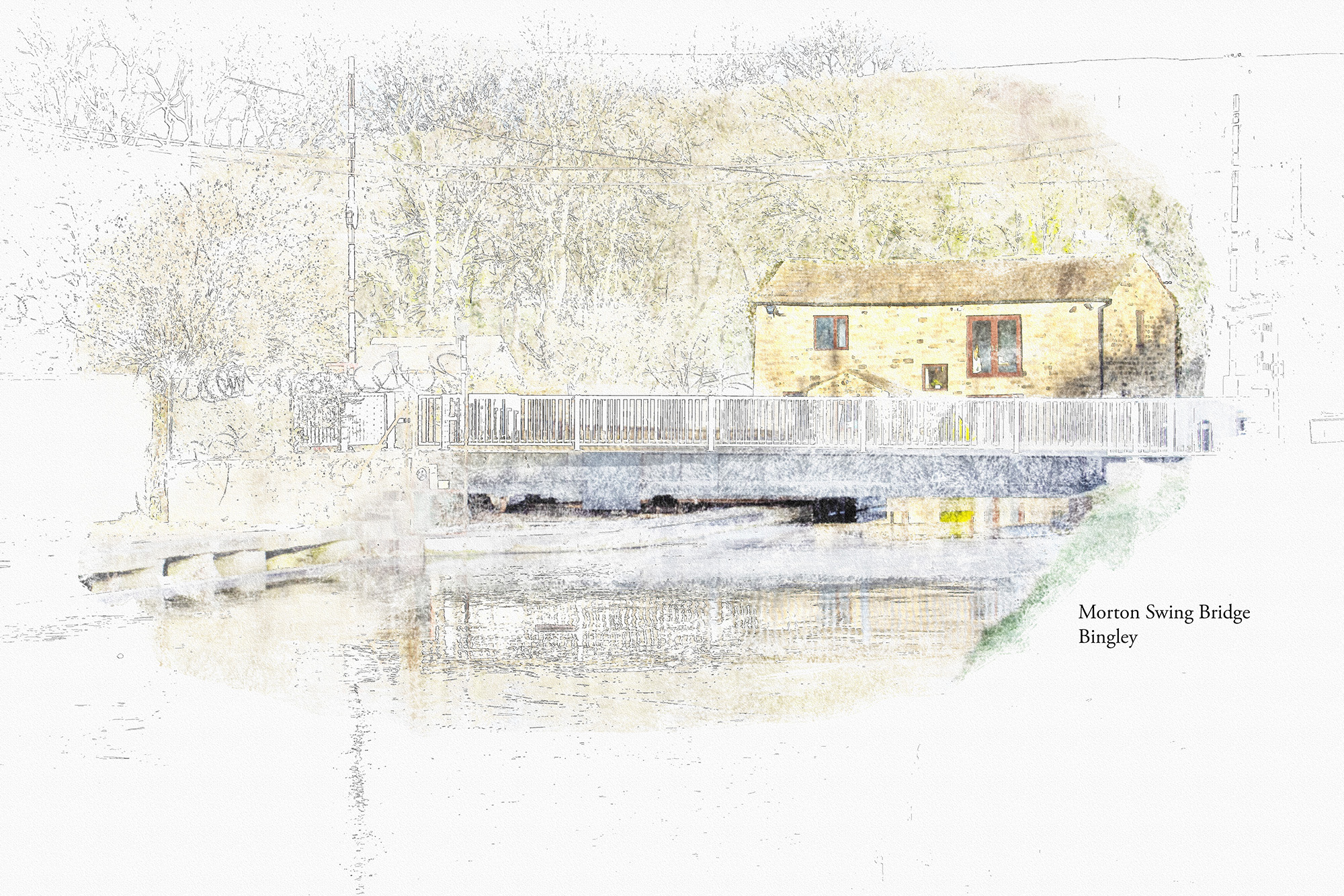 Watercolour-like view of Morton Swing Bridge and its reflection