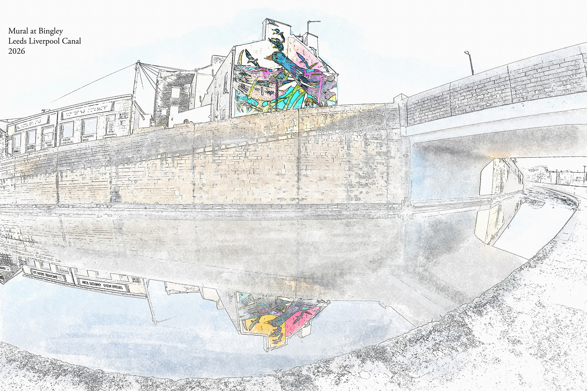 Painterly canal view with a colourful bird mural reflected in the water