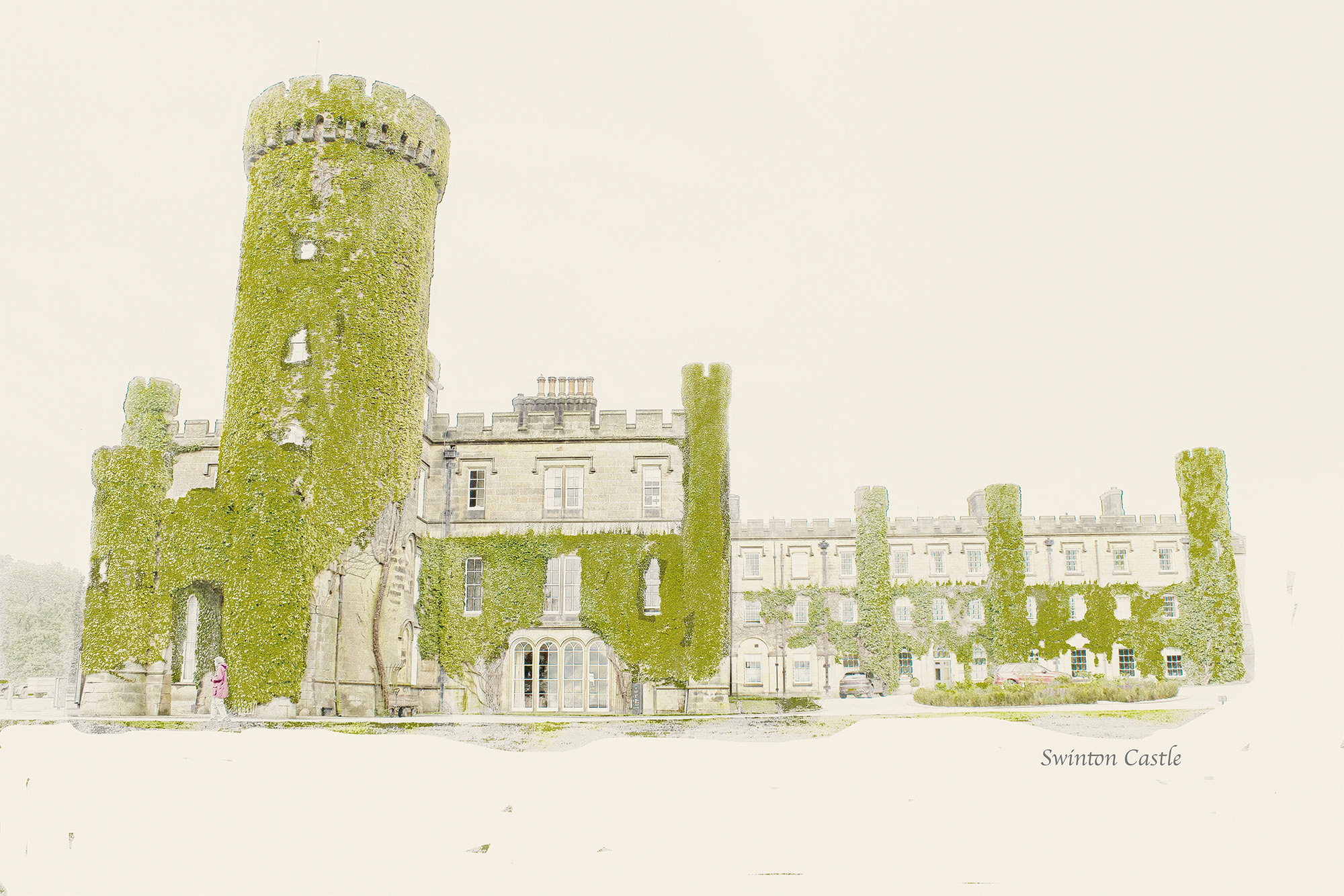 Light painterly study of an ivy-covered castle with a tall round tower