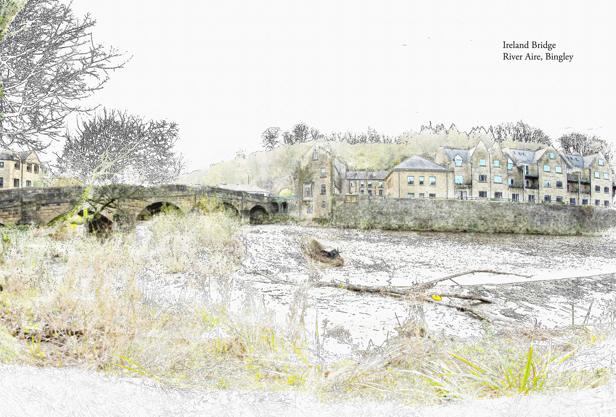 Painterly view across the River Aire towards Ireland Bridge