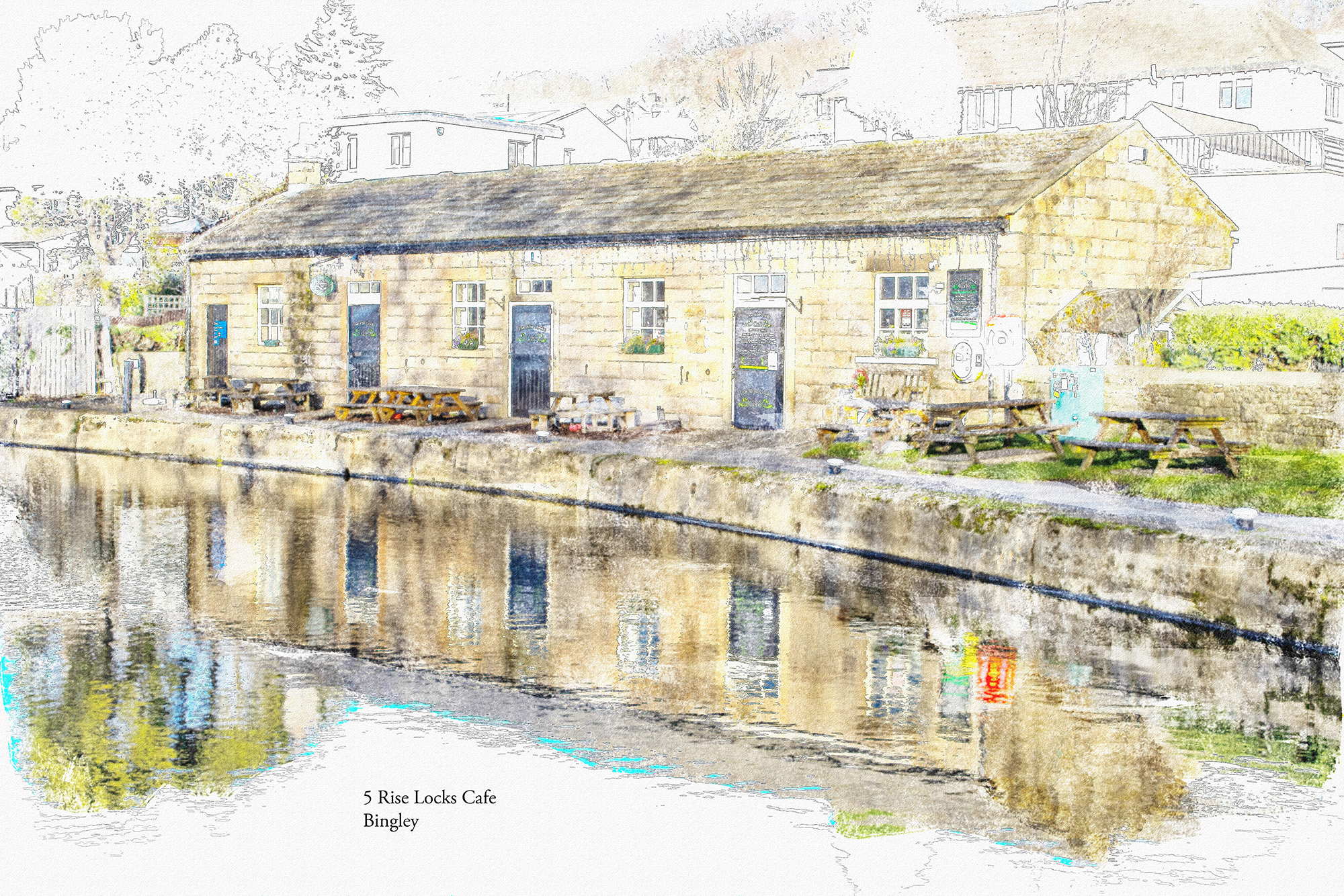 Painterly view of the café beside Five Rise Locks in Bingley